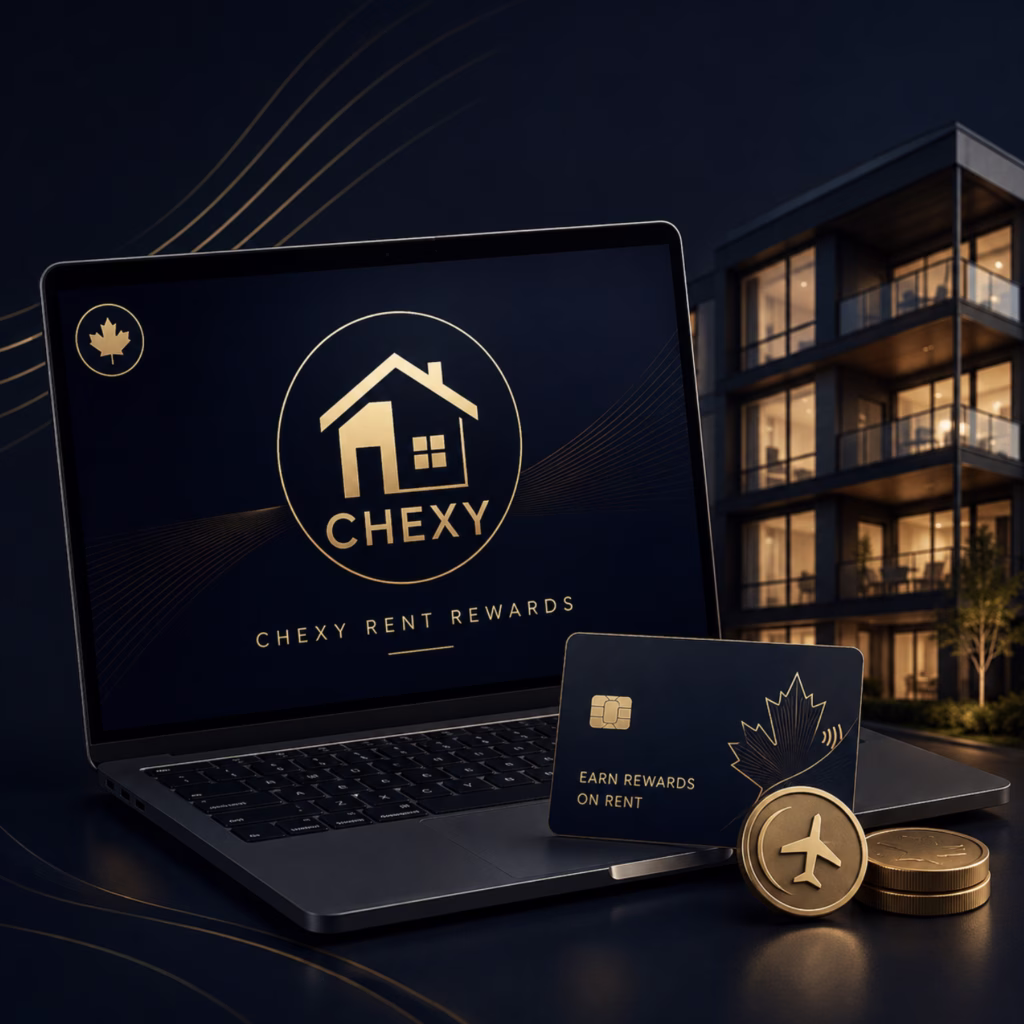 Chexy rent rewards concept showing a laptop, credit card, apartment building, and gold travel coins to represent earning rewards on rent in Canada